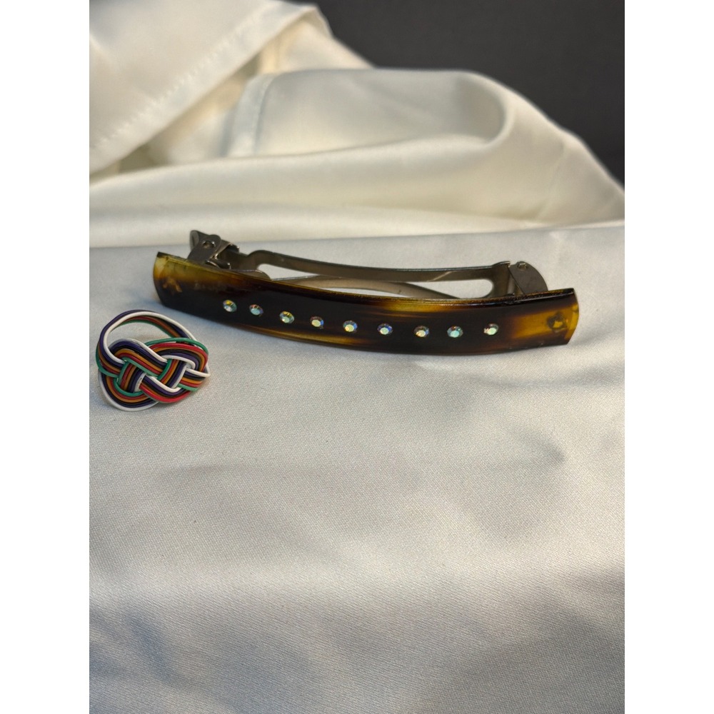 Vintage Tortoise Rhinestone Barrette and Multi Color Woven Knot Ring Set